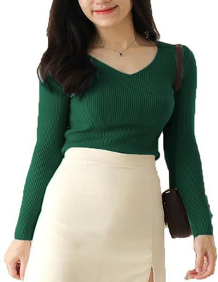 mystify Casual Self Design Women Dark Green Top