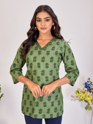 Larqi Casual Floral Print Women Light Green Top