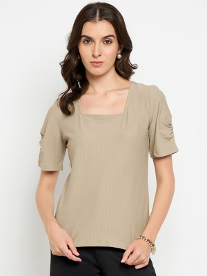 DUKE Casual Solid Women Beige Top