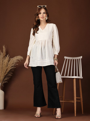 KATLINE Casual Self Design Women White Top