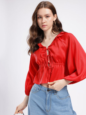 Glitchez Casual Solid Women Red Top