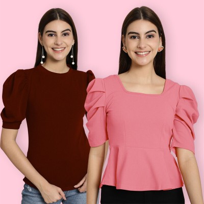 Tromko Casual Solid Women Maroon, Pink Top