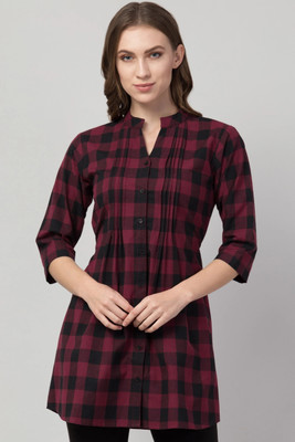 Hive91 Casual 3/4 Sleeve Checkered Women Maroon, Black Top