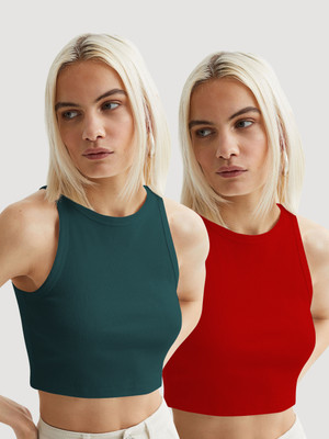 METRONAUT Casual Solid Women Dark Green, Red Top