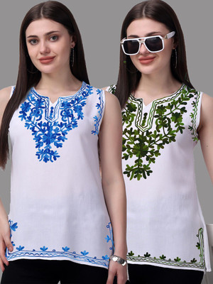 aakrushi Casual Embroidered Women Light Blue, Green Top