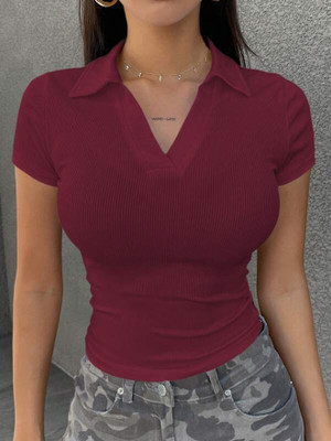 Fashionown Casual Solid Women Maroon Top