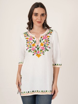 Brownverse Casual Embroidered Women White Top