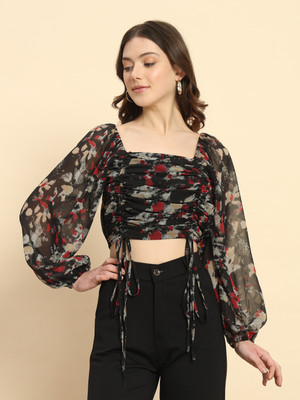 METRONAUT Casual Floral Print Women Black Top