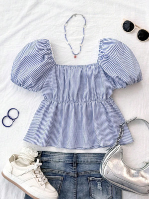 Burgstudio9 Casual Striped Women Blue Top