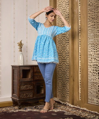 ANNU PARIDHAN Casual Printed Women Light Blue Top