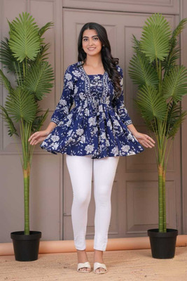 PS FASHION Casual Floral Print Women Blue Top