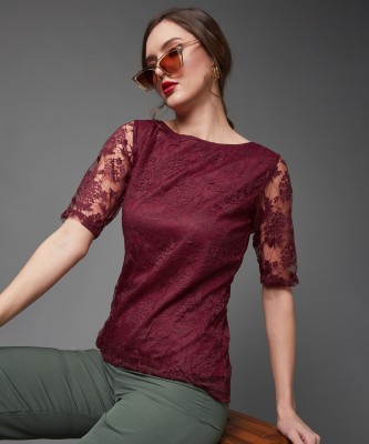 Miss Chase Casual Self Design Women Maroon Top