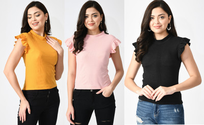 GLADLY Casual Self Design Women Black, Pink, Yellow Top