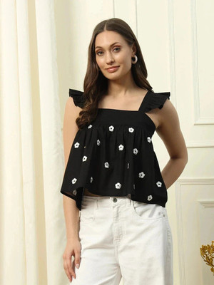 FIORRA Casual Floral Print Women Black Top