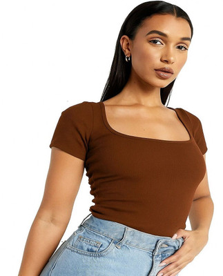 PRIME LOVE Casual Solid Women Brown Top