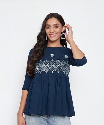 WineRed Casual 3/4 Sleeve Embroidered Women Dark Blue Top