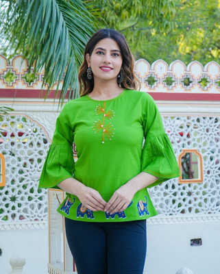 IKRASS Casual Embroidered Women Green Top