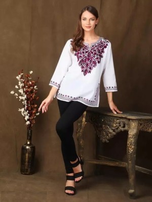 NAIDA Casual Embroidered Women White Top