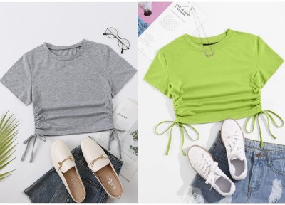 Evamly Casual Solid Women Grey, Light Green Top