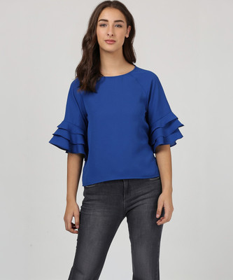 HARPA Casual Layered Sleeve Solid Women Blue Top
