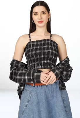 AKSHA CREATION Casual Checkered Women Black Top