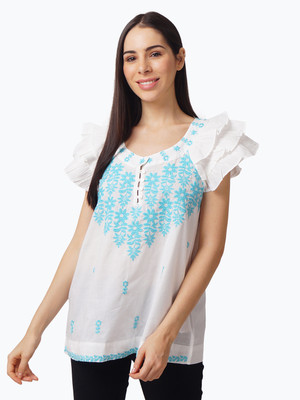 9 impression Casual Embroidered Women White Top