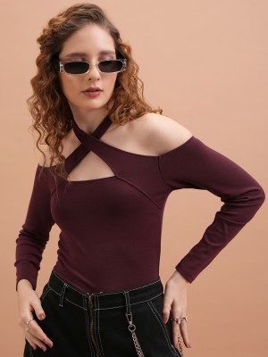 Tokyo Talkies Casual Solid Women Brown Top