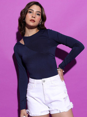 Tokyo Talkies Casual Solid Women Dark Blue Top