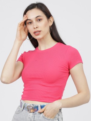 Tokyo Talkies Casual Short Sleeve Solid Women Pink Top