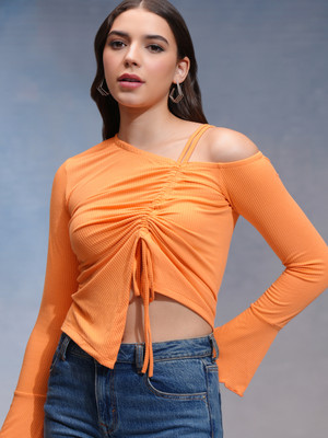 Tokyo Talkies Casual Solid Women Orange Top
