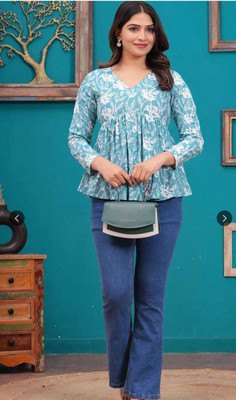 HARANANT Casual Floral Print Women Blue Top