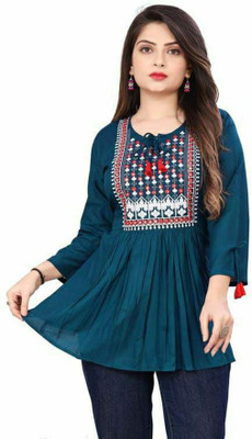 Savitricreation Casual Embroidered Women Light Green Top