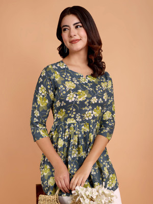 WILL BOTTOM Casual Floral Print Women Grey Top