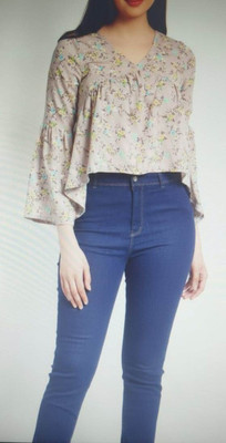 AR Production Casual Floral Print, Printed, Embellished Women Grey, White, Silver Top