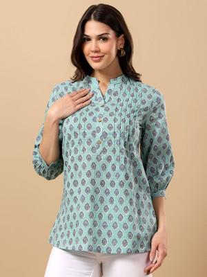 MOAJAZA Casual Printed, Floral Print Women Light Green Top
