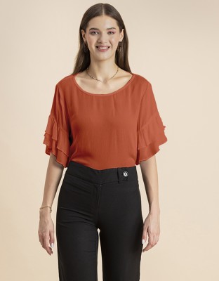 moomaya Casual Solid Women Orange Top