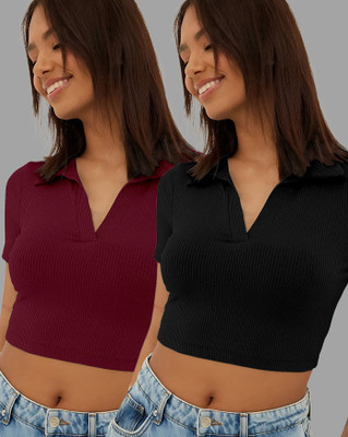 ENITOR Casual Solid Women Maroon, Black Top