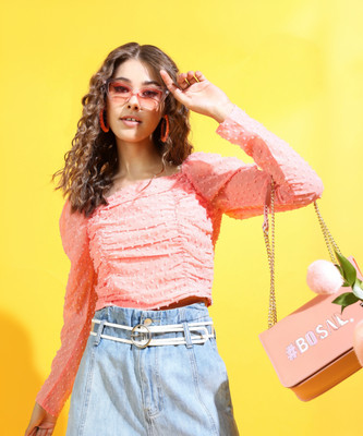 Tokyo Talkies Casual Solid Women Orange Top