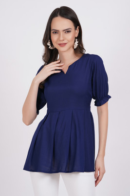 Majestykart Casual Solid Women Dark Blue Top