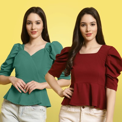 METRONAUT Casual Self Design Women Maroon, Green Top