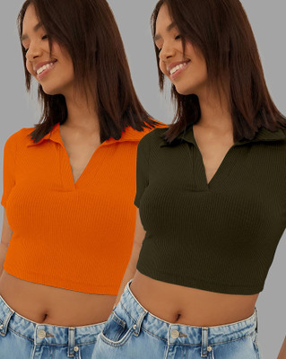 AUSK Casual Self Design Women Orange, Dark Green Top