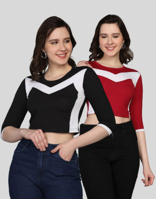 IESHNE LIFESTYLE Casual Color Block Women Red, Black, White Top