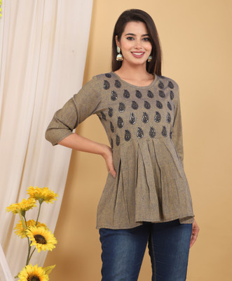 Mehsoos Fashion Casual Embroidered Women Brown Top