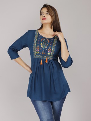 badthuniya fab Casual Embroidered, Solid Women Dark Blue Top