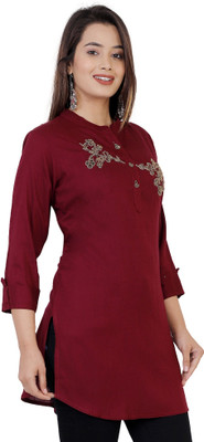 JC4U Casual 3/4 Sleeve Embellished Women Maroon Top