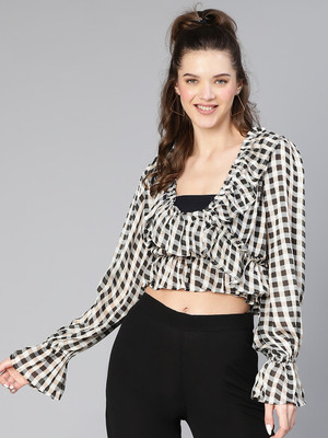 OXOLLOXO Casual Checkered Women Black, White Top