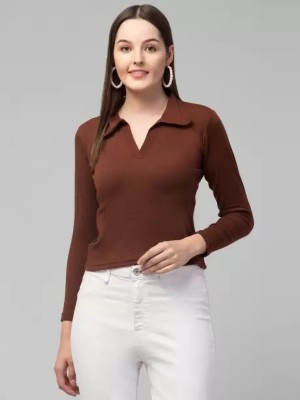 Vokan Casual Solid Women Brown Top