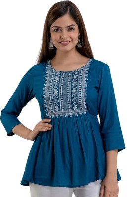 Bobby Hill Casual Embroidered Women Blue Top