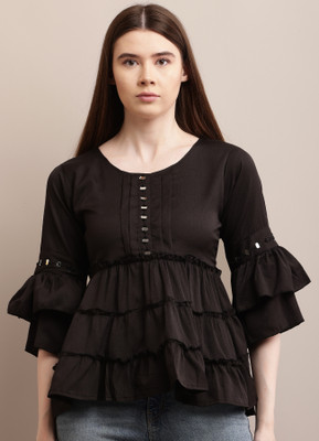 I.K.FASHION Casual Embossed Women Black Top