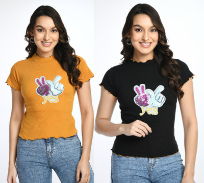 GLADLY Casual Printed Women Yellow, Black Top